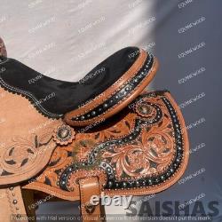 Premium Barrel Racing Western Leather Saddle Set Hand Tooled with Free Tack