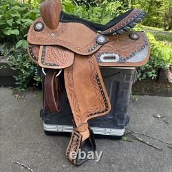Premium Leather Western Barrel Racing Trail Horse Tack Saddle Size 15 Tan Black