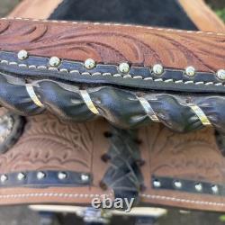 Premium Leather Western Barrel Racing Trail Horse Tack Saddle Size 15 Tan Black