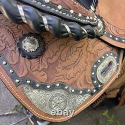 Premium Leather Western Barrel Racing Trail Horse Tack Saddle Size 15 Tan Black