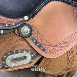 Premium Leather Western Barrel Racing Trail Horse Tack Saddle Size 15 Tan Black