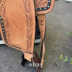 Premium Leather Western Barrel Racing Trail Horse Tack Saddle Size 15 Tan Black