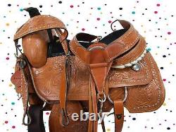 Premium Tooled Western Horse Saddle Floral Silver Studded Used Tack 15 16 17 18