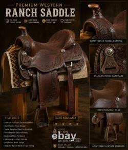 Premium Western Horse Saddle Full Grain Leather Floral Tooled Ranch Riding