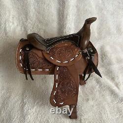 Realistic Tooled Miniature Small Leather Western Saddle 8 Long Doll Accessory