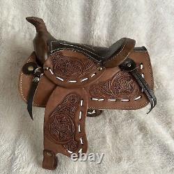 Realistic Tooled Miniature Small Leather Western Saddle 8 Long Doll Accessory