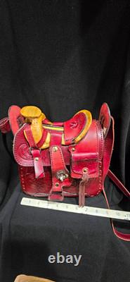 Red Tooled Leather Western Horse Saddle Bag with Straps & Buckles