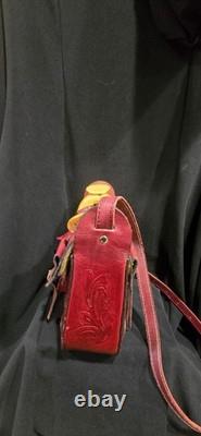 Red Tooled Leather Western Horse Saddle Bag with Straps & Buckles
