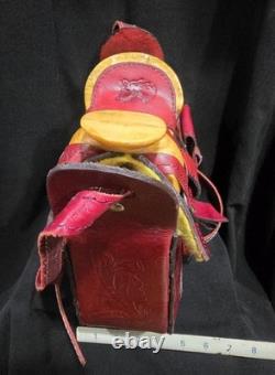 Red Tooled Leather Western Horse Saddle Bag with Straps & Buckles