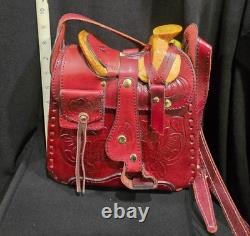 Red Tooled Leather Western Horse Saddle Bag with Straps & Buckles
