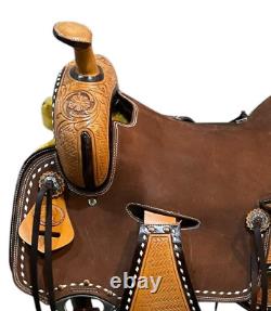 Roper saddle tan color leather brown suede leather seat with hand carbine tooled