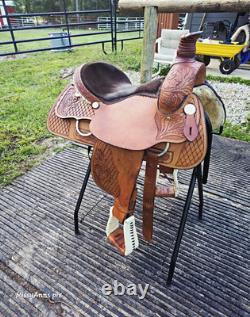 Ruff's 16 Brown Tooled Leather Roping saddle Model 520 sunflower tooling