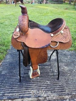 Ruff's 16 Brown Tooled Leather Roping saddle Model 520 sunflower tooling