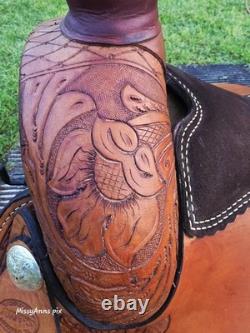 Ruff's 16 Brown Tooled Leather Roping saddle Model 520 sunflower tooling