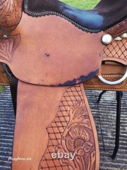 Ruff's 16 Brown Tooled Leather Roping saddle Model 520 sunflower tooling
