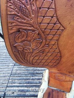Ruff's 16 Brown Tooled Leather Roping saddle Model 520 sunflower tooling