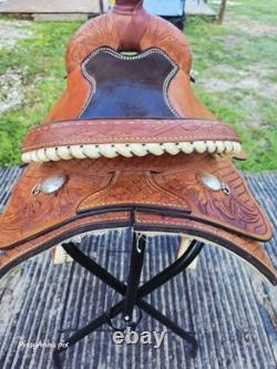 Ruff's 16 Brown Tooled Leather Roping saddle Model 520 sunflower tooling