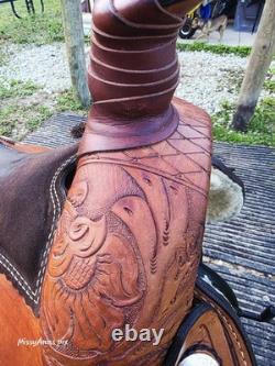 Ruff's 16 Brown Tooled Leather Roping saddle Model 520 sunflower tooling Ruff's 16 Brown Tooled Leather Roping saddle Model 520 sunflower tooling
