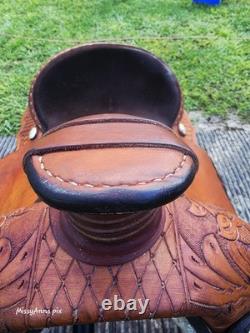 Ruff's 16 Brown Tooled Leather Roping saddle Model 520 sunflower tooling