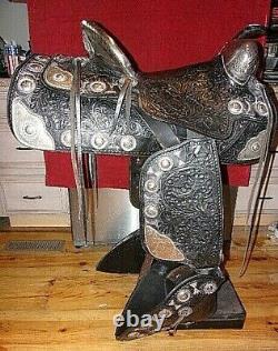 Silver Marshall Field Hand Made Western Parade Saddle, Bridle Long Tapaderos