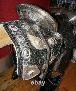 Silver Marshall Field Hand Made Western Parade Saddle, Bridle Long Tapaderos