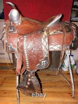 Silver Ted Flowers Parade Saddle, Bridle, Breastplate Rare Brown Leather