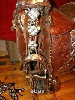 Silver Ted Flowers Parade Saddle, Bridle, Breastplate Rare Brown Leather