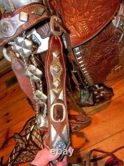 Silver Ted Flowers Parade Saddle, Bridle, Breastplate Rare Brown Leather