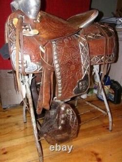 Silver Ted Flowers Parade Saddle, Bridle, Breastplate Rare Brown Leather