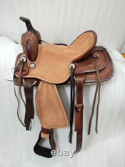 Size-15 Classic Roughout Seat Western Tooled Horse Leather Saddle With Tack Set