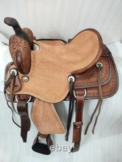 Size-15 Classic Roughout Seat Western Tooled Horse Leather Saddle With Tack Set