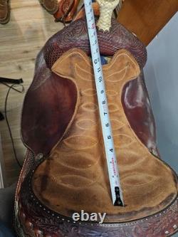 Tooled Leather Brown Show Saddle 15 in Traditional Design with Silver Accents