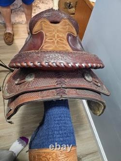 Tooled Leather Brown Show Saddle 15 in Traditional Design with Silver Accents