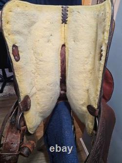 Tooled Leather Brown Show Saddle 15 in Traditional Design with Silver Accents