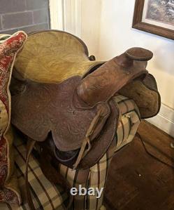 Tooled Leather Western Saddle with Horn, Traditional Design, Brown 16 in