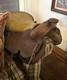 Tooled Leather Western Saddle With Horn, Traditional Design, Brown 16 In