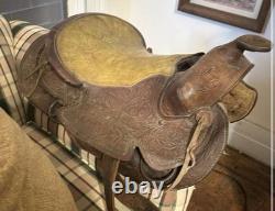 Tooled Leather Western Saddle with Horn, Traditional Design, Brown 16 in
