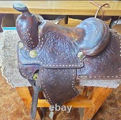 Traditional Tooled Buckstitch Leather Western Saddle, Brown 14 in for Horse
