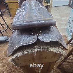 Traditional Tooled Buckstitch Leather Western Saddle, Brown 14 in for Horse