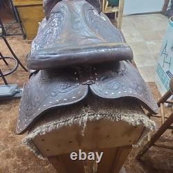 Traditional Tooled Buckstitch Leather Western Saddle, Brown 14 in for Horse