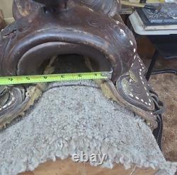 Traditional Tooled Buckstitch Leather Western Saddle, Brown 14 in for Horse