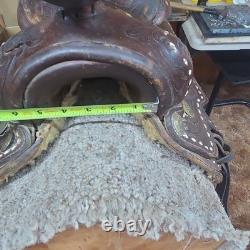 Traditional Tooled Buckstitch Leather Western Saddle, Brown 14 in for Horse