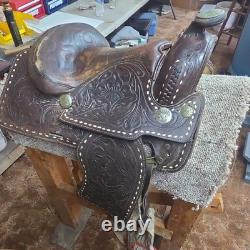 Traditional Tooled Buckstitch Leather Western Saddle, Brown 14 in for Horse