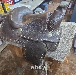 Traditional Tooled Buckstitch Leather Western Saddle, Brown 14 in for Horse