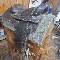 Traditional Tooled Buckstitch Leather Western Saddle, Brown 14 in for Horse