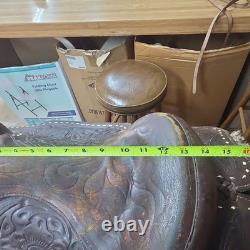Traditional Tooled Buckstitch Leather Western Saddle, Brown 14 in for Horse
