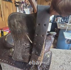 Traditional Tooled Buckstitch Leather Western Saddle, Brown 14 in for Horse