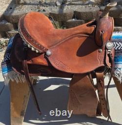 Traditional Western Style Tooled Saddle with Rawhide Horn Decorative Conchos