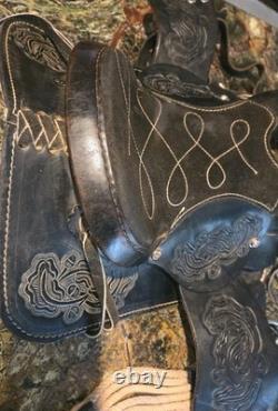 Training Saddle 10 Inch Black Tooled Leather Work Design Mexico Beautiful Vtg