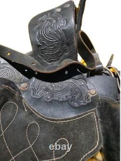 Training Saddle 10 Inch Black Tooled Leather Work Design Mexico Beautiful Vtg